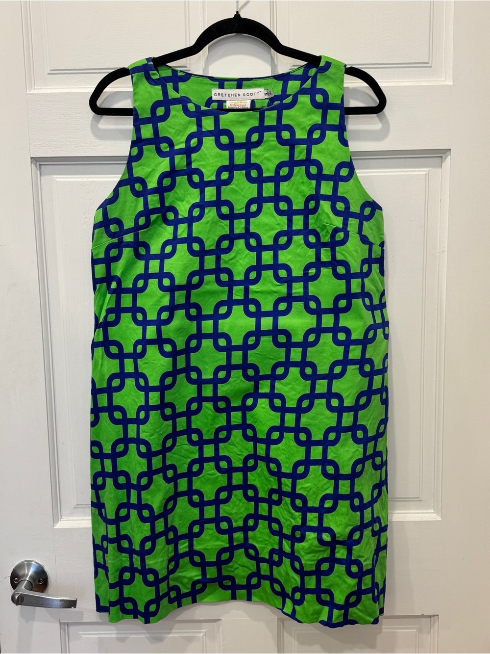 Gretchen Scott Green Blue Geo Print Sleeveless Shift Dress Size Small Preppy